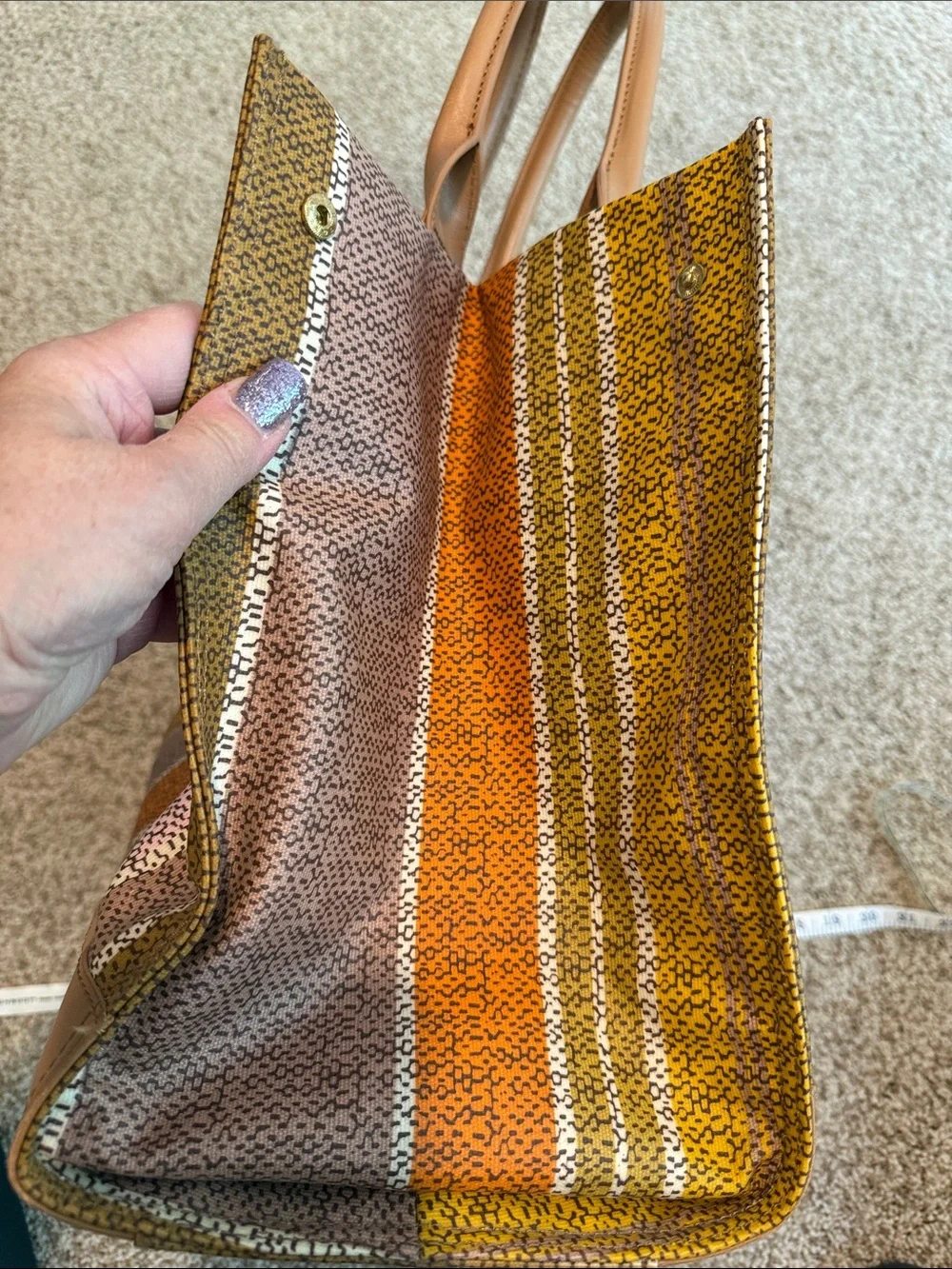 Tory Burch Striped Multicolor Canvas Tote with Tan Leather Trim